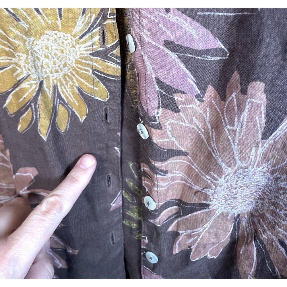 Fresh Produce Linen Button Up Shirt Small Brown Floral Beach Vacation Blouse Top - Picture 5 of 9